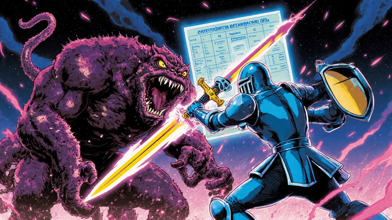 A knight representing cefaclor battling a bacteria monster with glowing weapons and medical symbols.