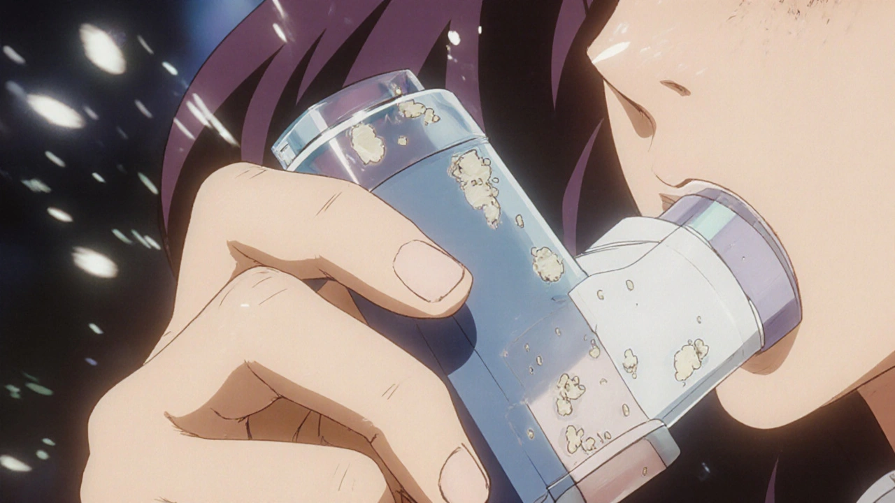 A spacer attached to an inhaler, with mist flowing through and particles being trapped.