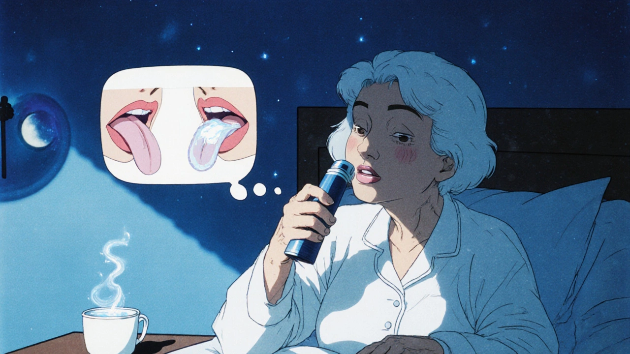 An elderly woman using an inhaler at night, holding water to rinse after treatment.