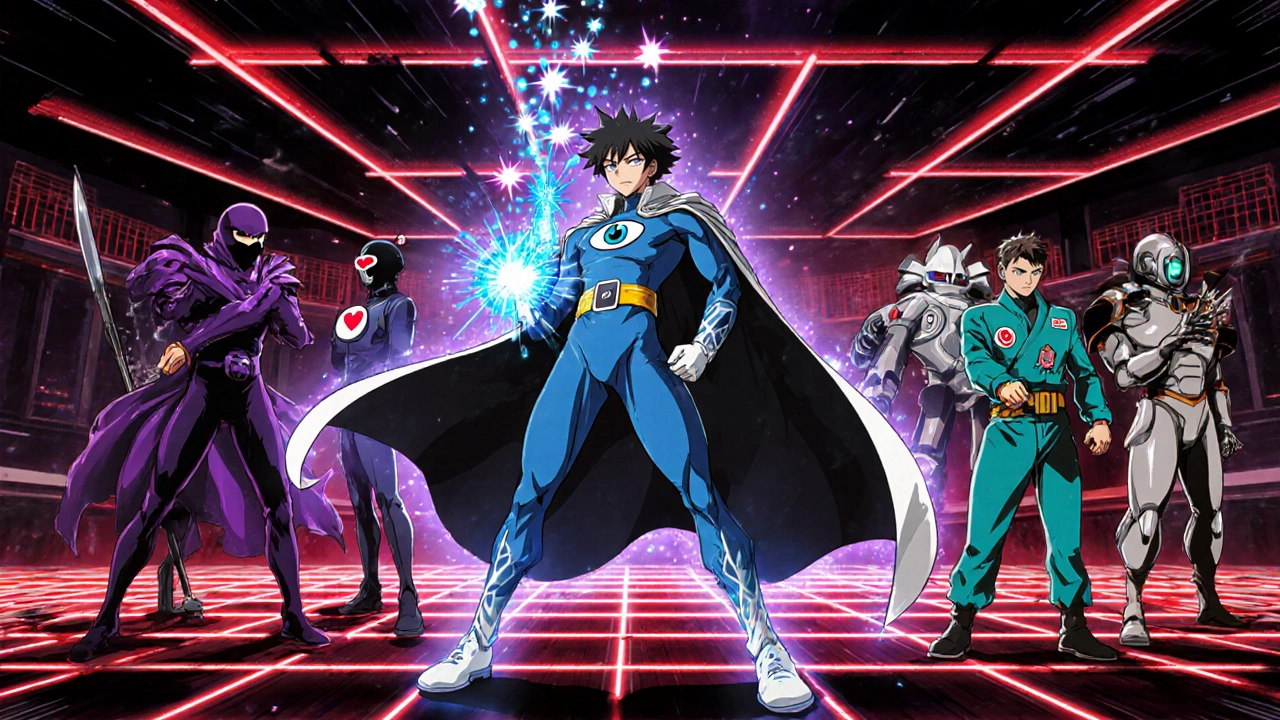 Animated drug characters battling in a neon lab arena.