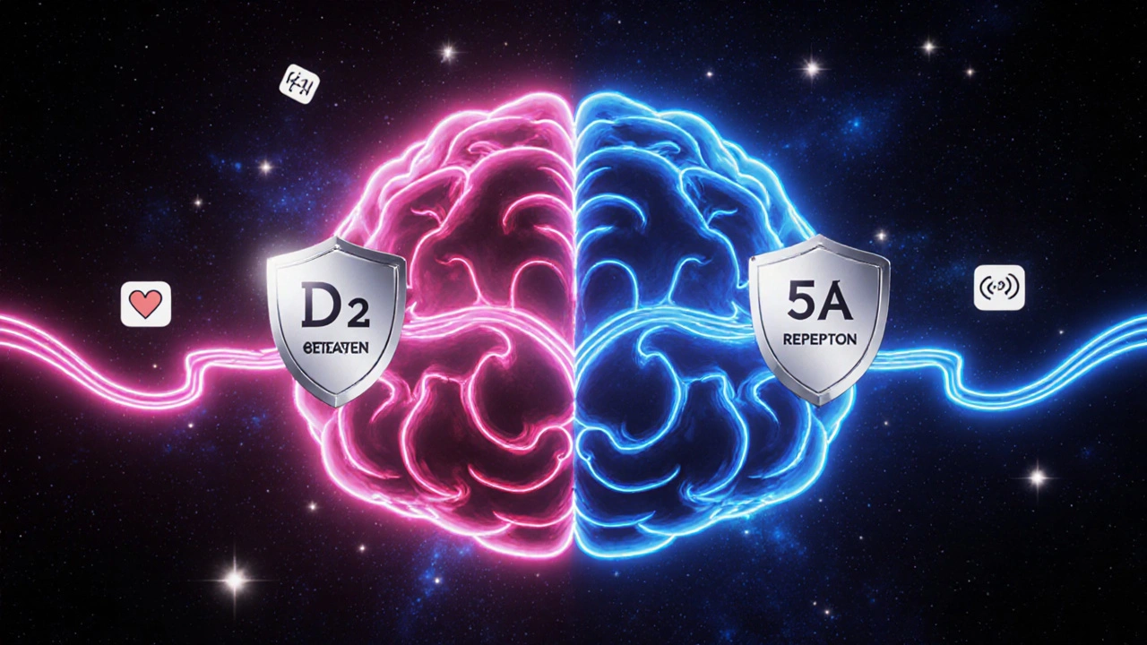 Anime‑style brain illustration showing dopamine and serotonin receptors being blocked.