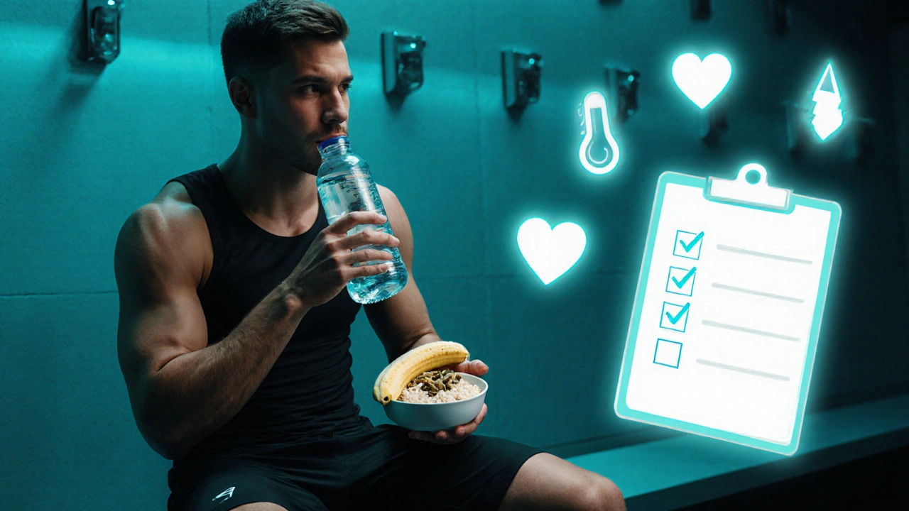 Athlete in locker room sipping water and eating a balanced snack with checklist icons.