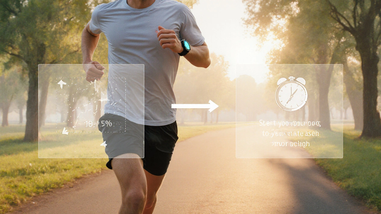 Athlete jogging lightly on a sunrise park trail with heart‑rate monitor.