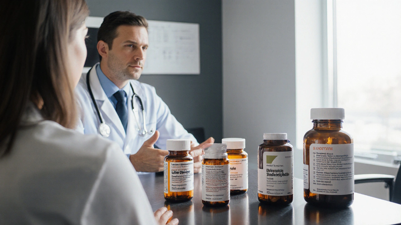 Clinic scene with a doctor, patient, and several medication bottles representing bladder antispasmodics.