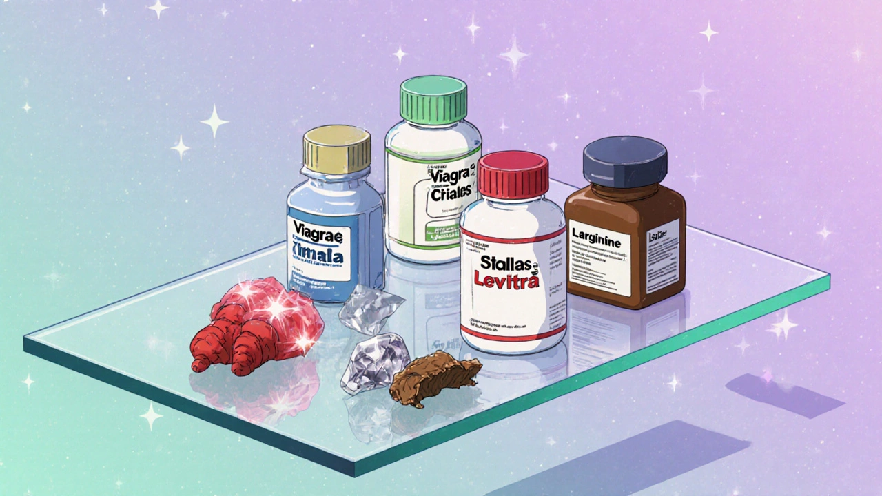 Collage of prescription pills and natural supplements on a glass table.