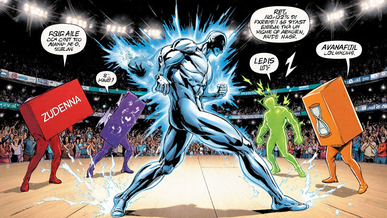 Comic showdown of personified ED drugs highlighting Zudena.