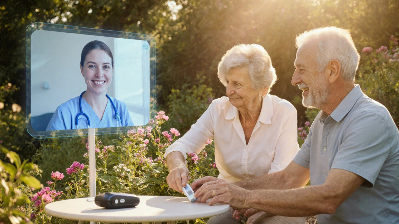 Couple enjoying a garden while a nurse consults them via telehealth, indicating improved wellbeing.