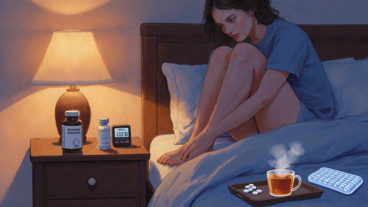 Cozy bedroom scene with person stretching, supplements, and calming bedtime items.