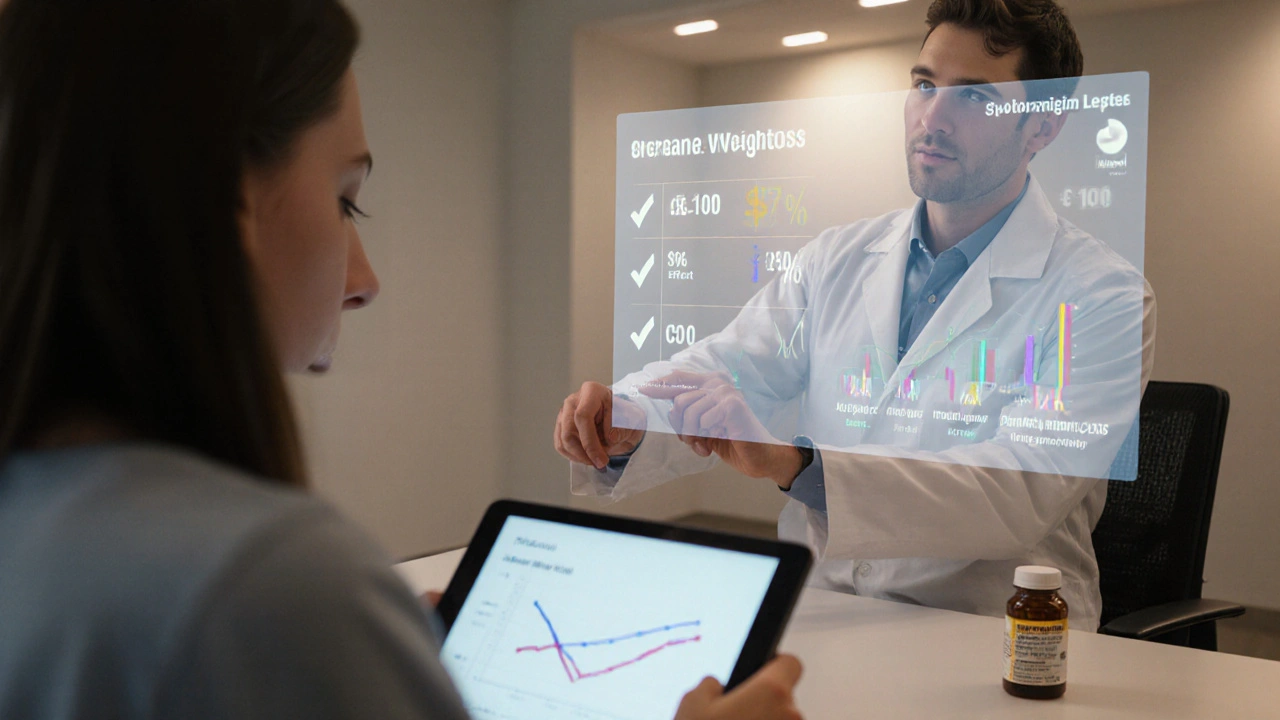 Doctor and patient reviewing holographic weight‑loss comparison chart in clinic.