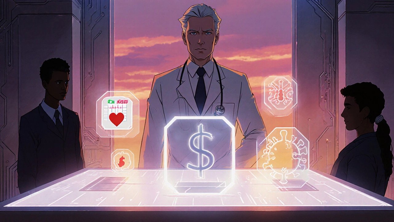 Doctor in a futuristic room decides between treatment options with holographic icons.