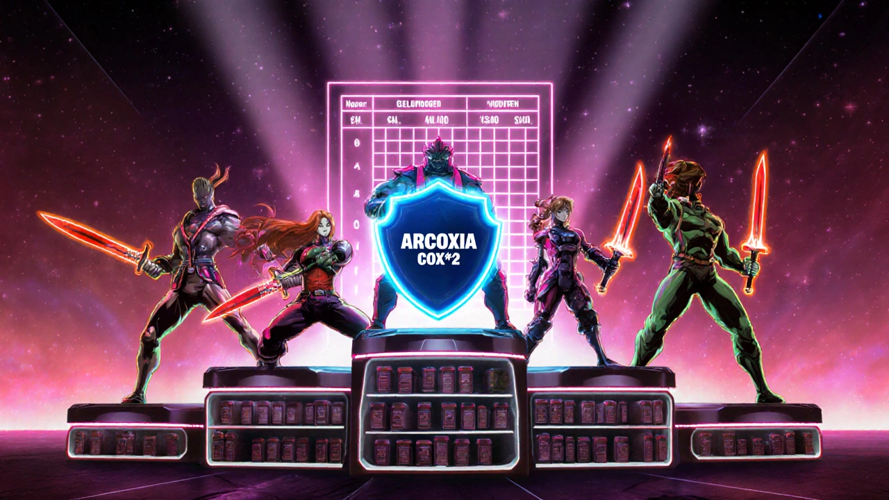 Five drug characters stand on a podium, each with symbolic weapons.