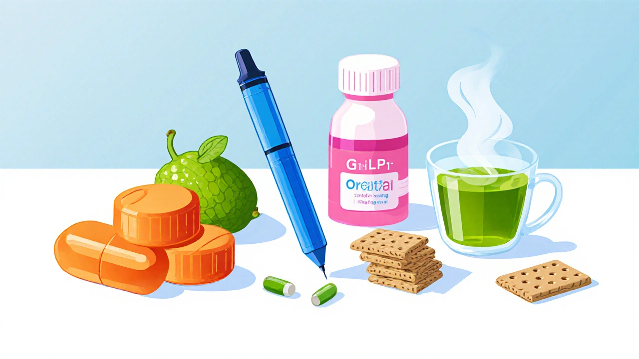 Flat‑lay illustration of various weight‑loss pills, injector, supplements, and tea.