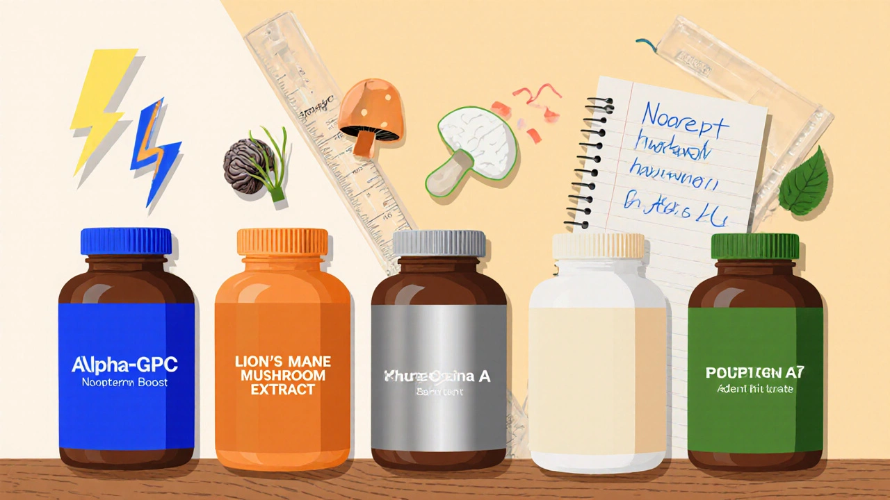 Flat‑lay of six nootropic bottles with icons indicating their benefits on a wooden table.