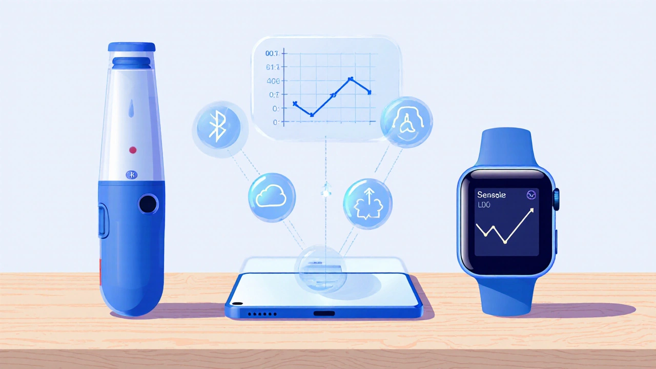 Flat‑lay of spirometer, peak‑flow meter, smartwatch and phone showing data sync.