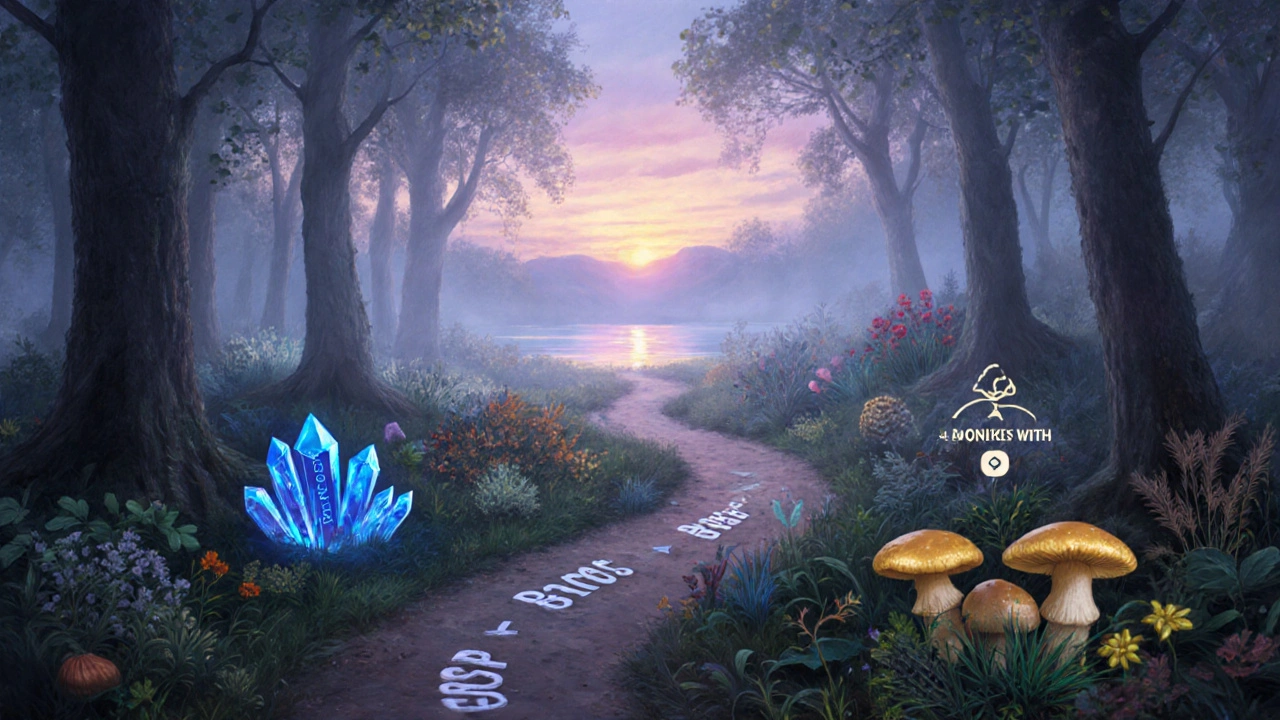 Forest path splitting into three trails, each marked with different nootropic symbols.