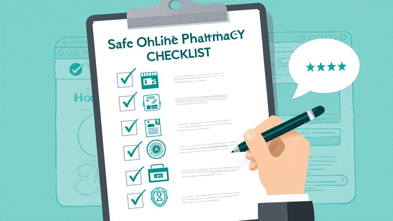 Hand checking off safety checklist icons for online pharmacy verification.