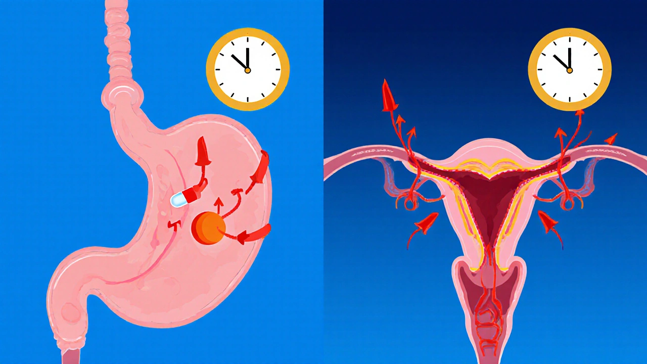 Illustration comparing fast‑acting softgel and slower tablet with clocks and blood‑vessel effects.