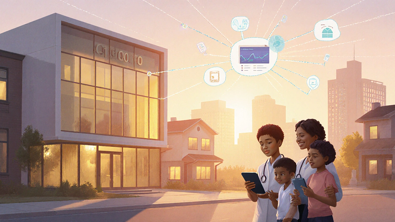 Illustration of remote asthma care network reducing hospital visits.