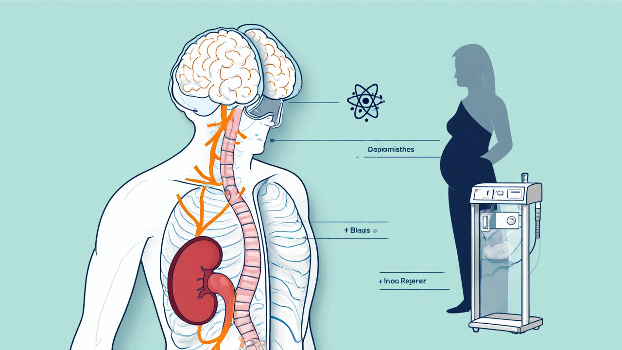 Illustration showing brain dopamine, iron, pregnancy, and kidney dialysis as RLS factors.