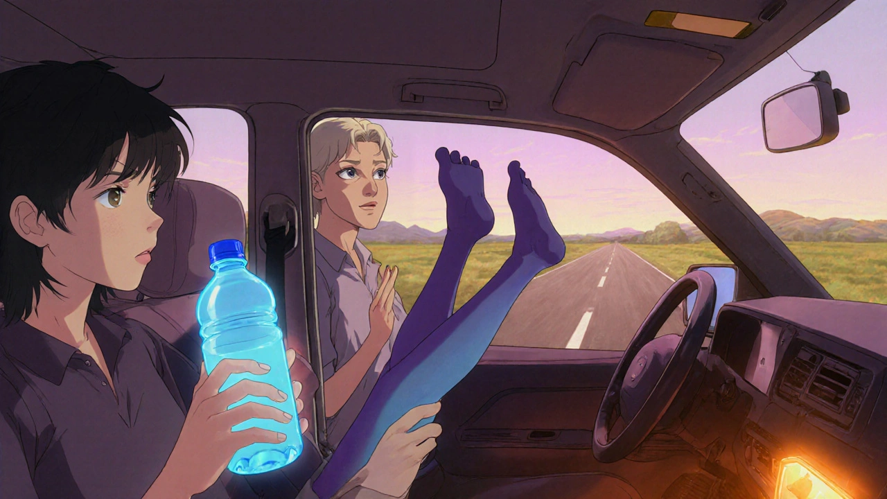 Inside car, characters do leg exercises, drink water, and wear compression stockings.