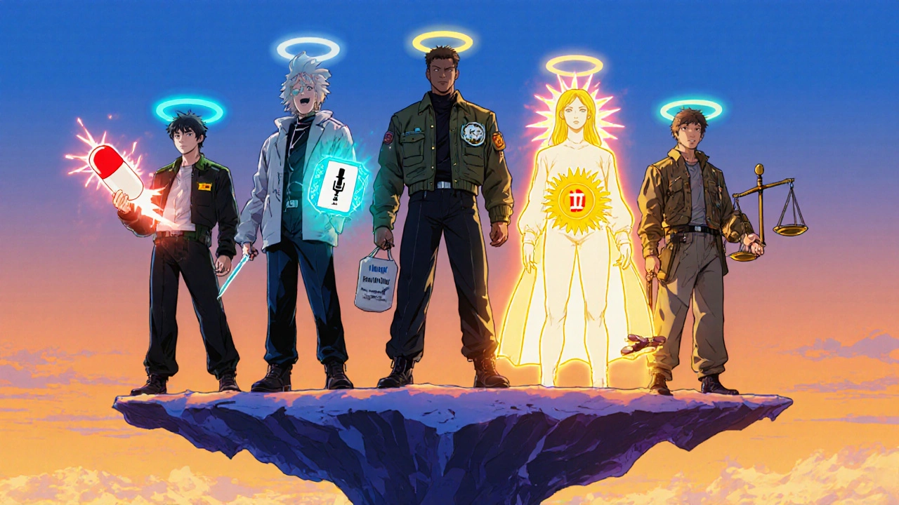 Lineup of anime characters each holding symbols for different drug alternatives.