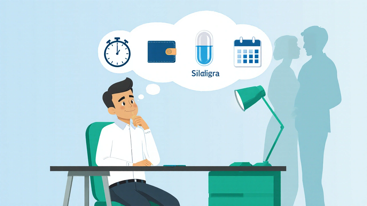 Man thinking about onset, cost, duration, and softgel capsule in a thought bubble.