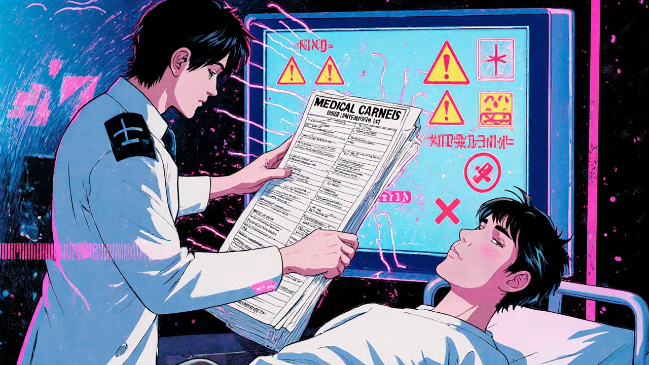 Paramedic finds a medication list in a patient's wallet during an emergency room scene.