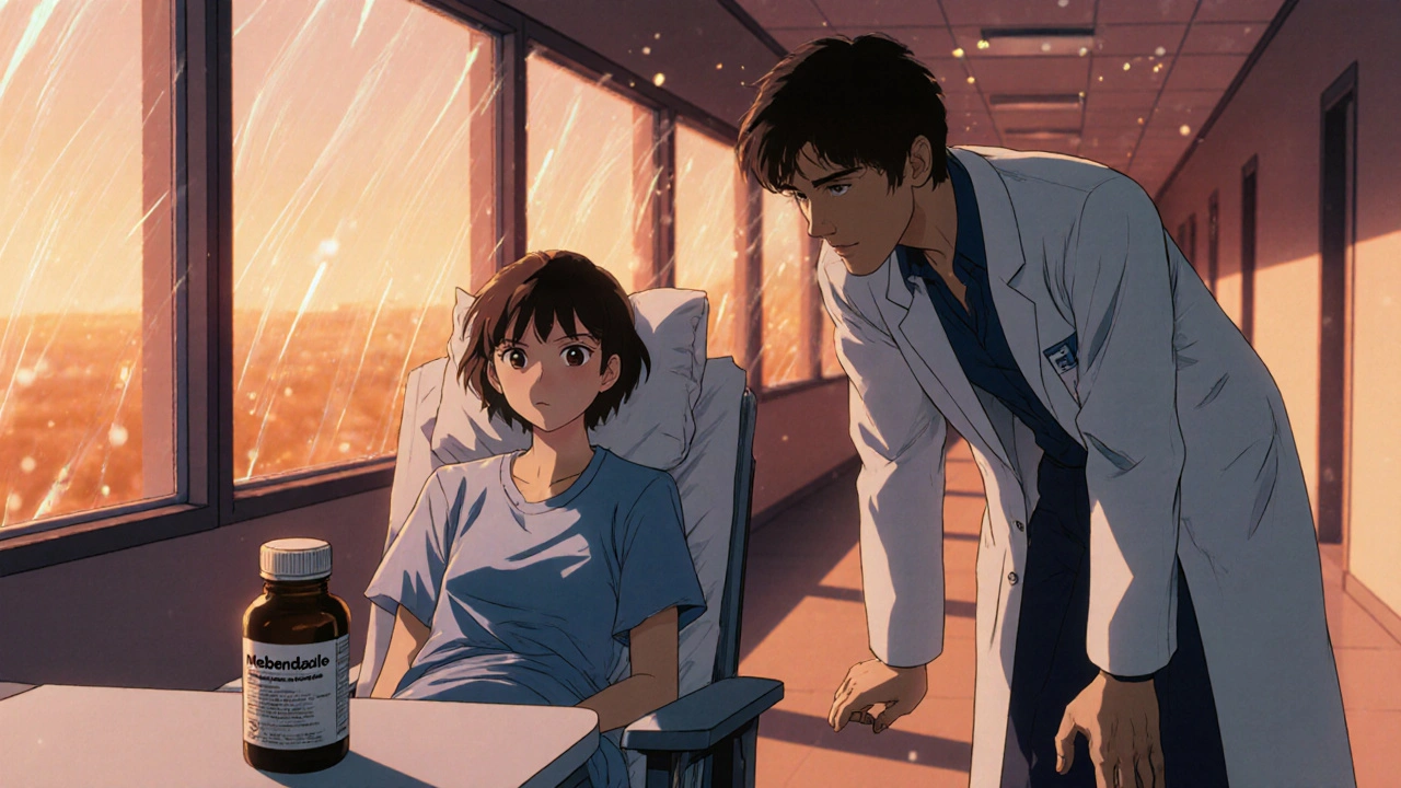 Patient and doctor sharing hopeful moment with mebendazole bottle in sunset‑lit hospital.