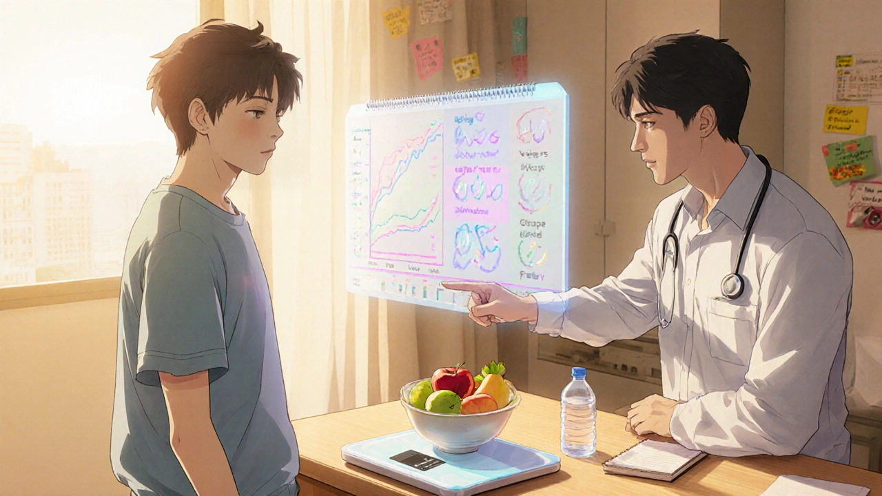 Patient monitors weight and labs with doctor, emphasizing risk management in anime style.
