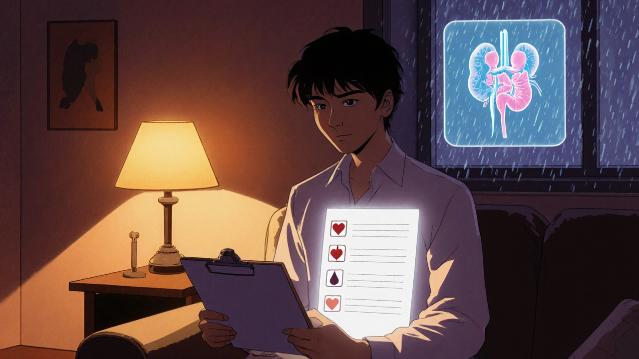 Patient reviews a safety checklist at home under warm lamp light.
