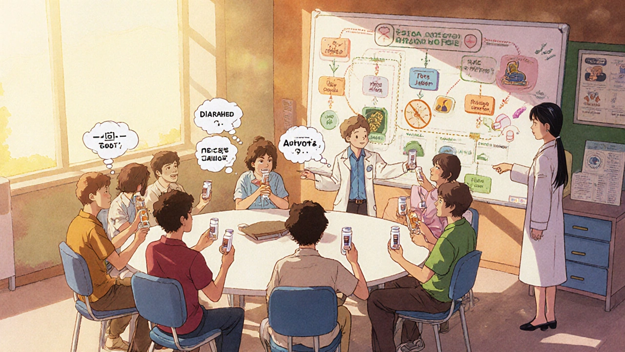 Patients at a clinic discussing antibiotic options with thought bubbles showing their experiences.