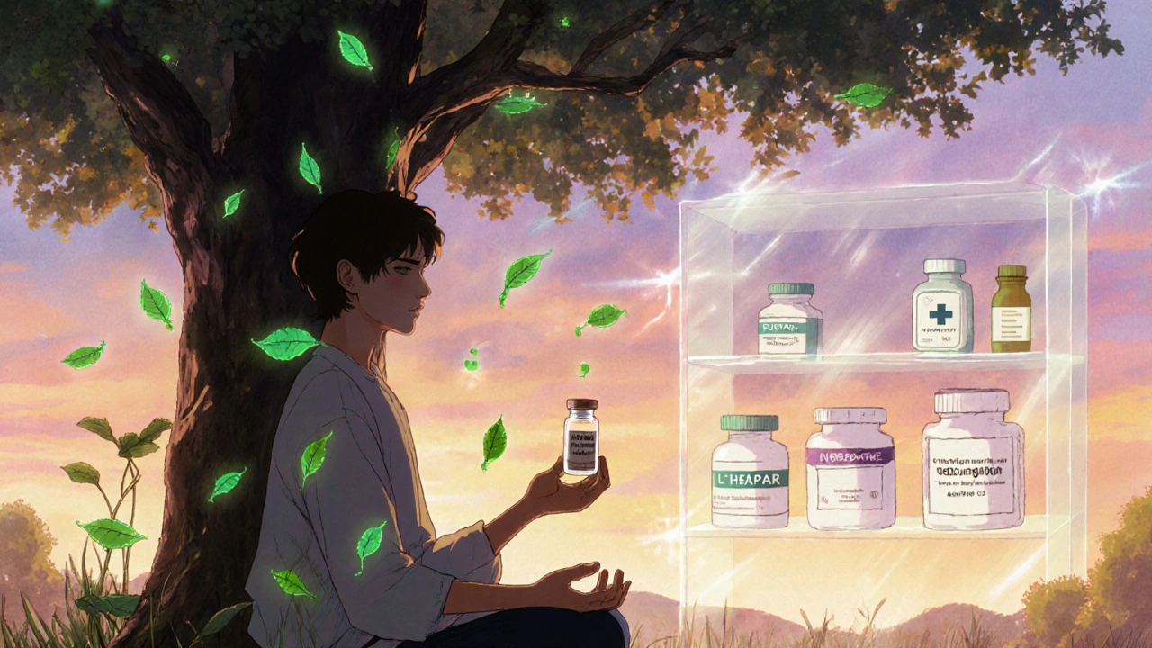 Person meditating with ashwagandha as glowing natural molecules float around them at dawn.