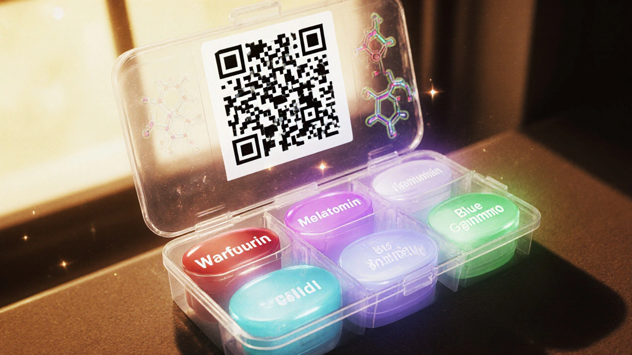 Pill organizer with glowing pills and a scanning QR code displaying drug interactions.