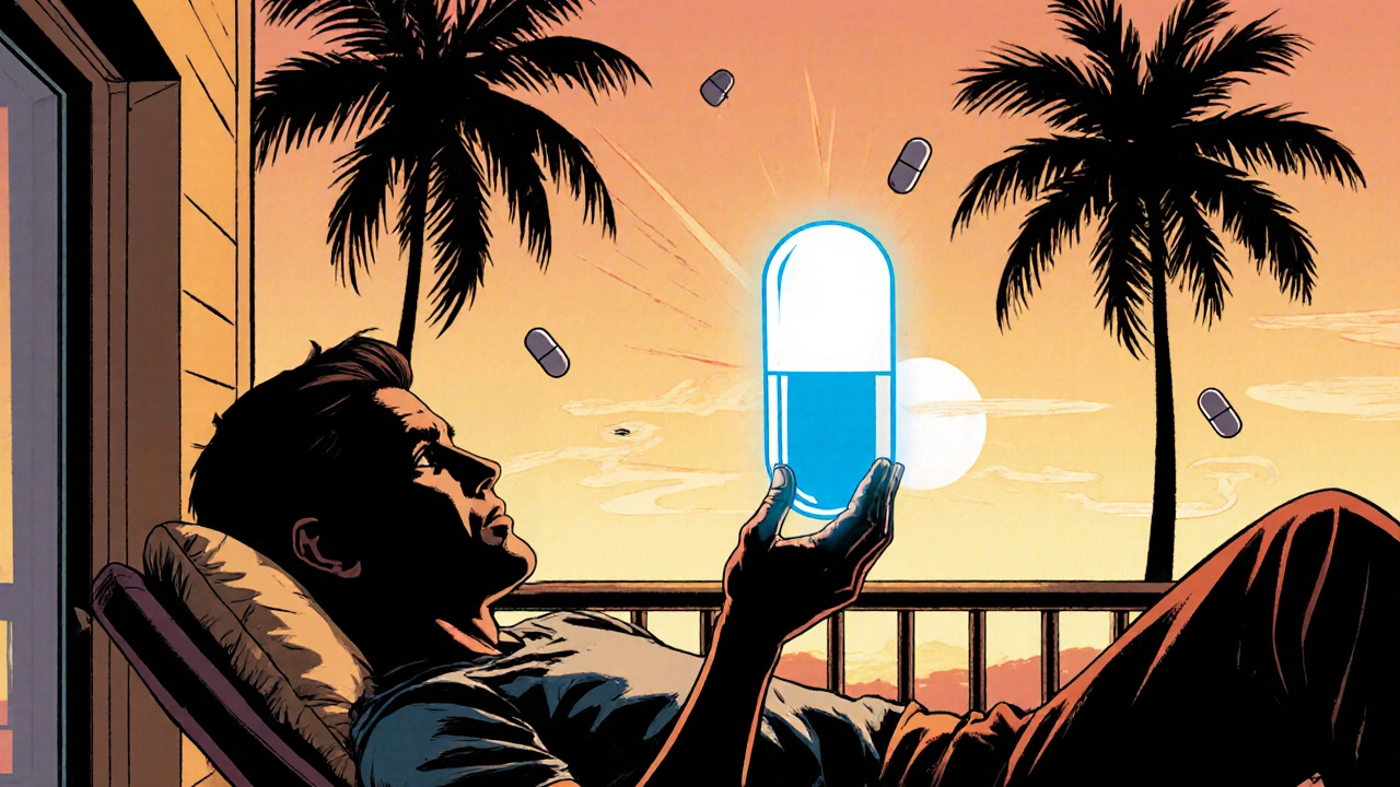Relaxed man on balcony with glowing Zudena capsule, comic vibe.