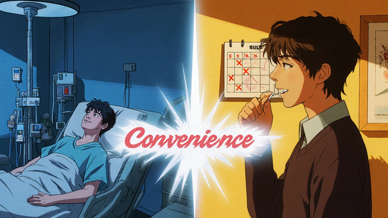 Side-by-side anime scene: hospital IV treatment vs. home oral dexamethasone, with calendar showing fewer clinic visits.