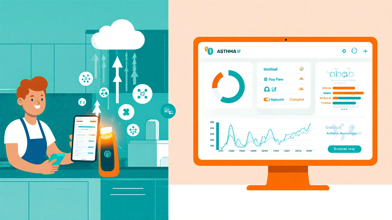 Smartphone app shows asthma data from peak‑flow meter and inhaler.
