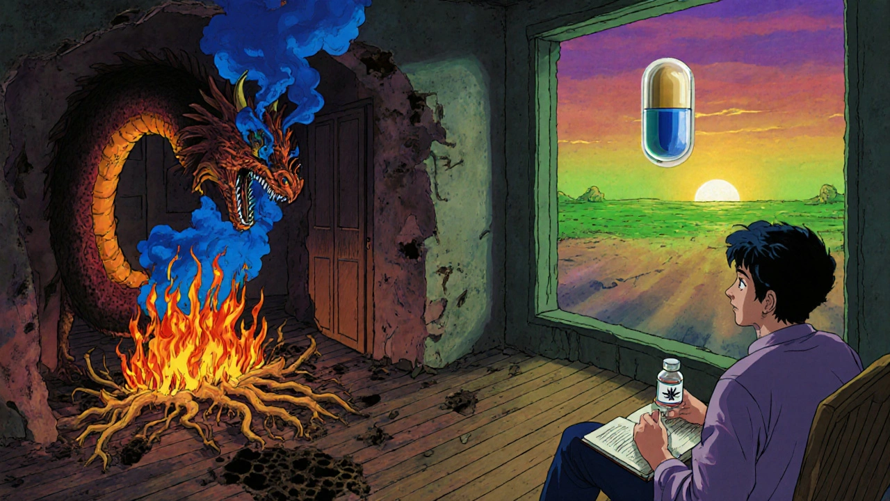 Surreal anime house on fire with dexamethasone dragon extinguishing flames, while hidden lesions grow below and a neuroprotective capsule rises above.