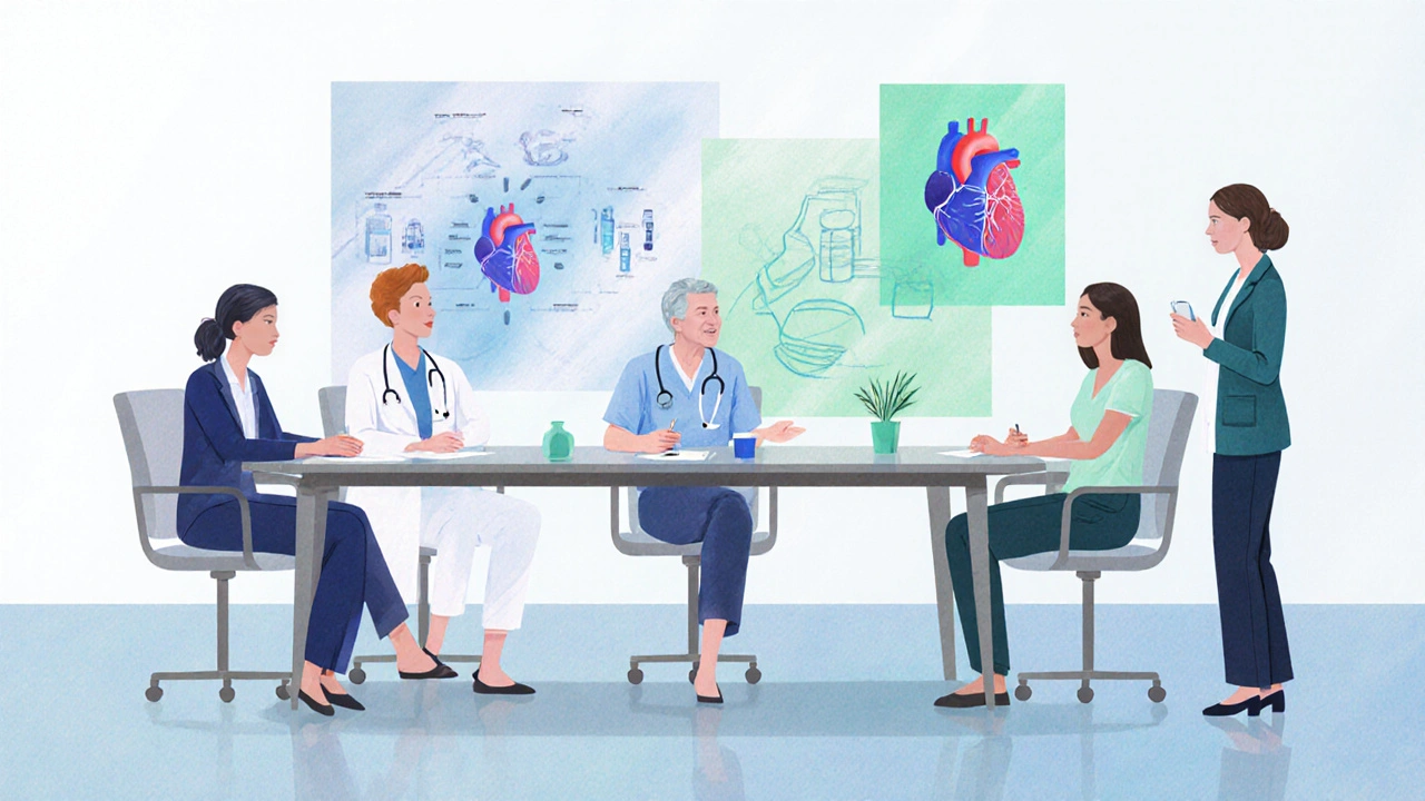 Team of doctors, nurses, and social workers discussing care plans around a table.