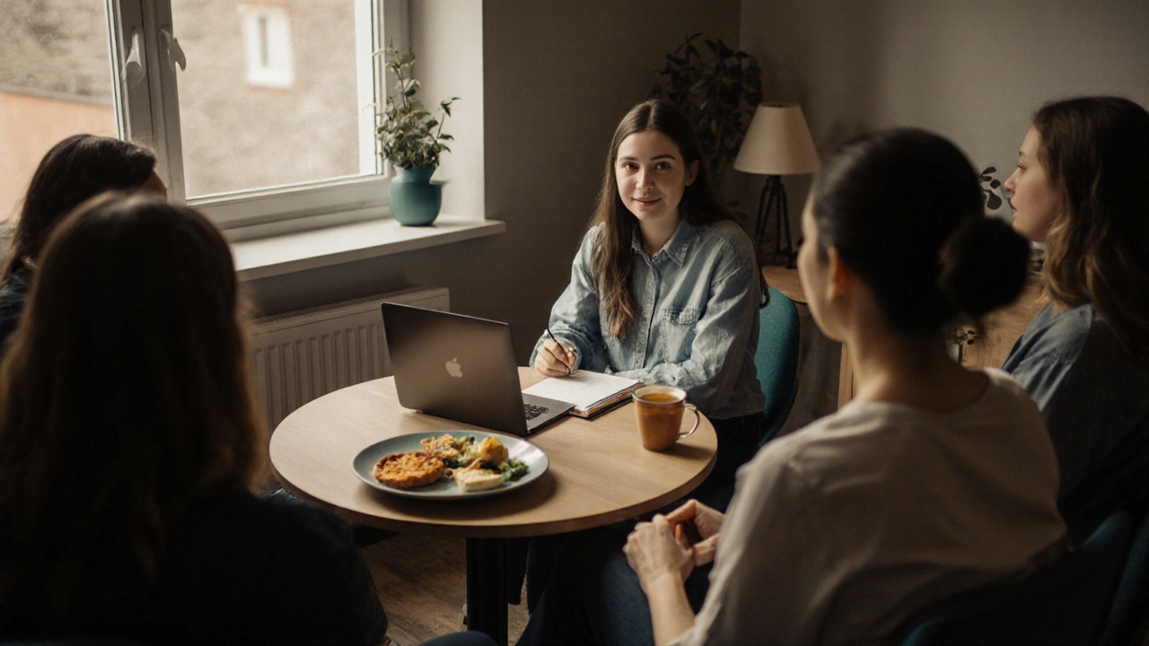 Therapy office with counselor, dietitian, and support group discussing treatment.