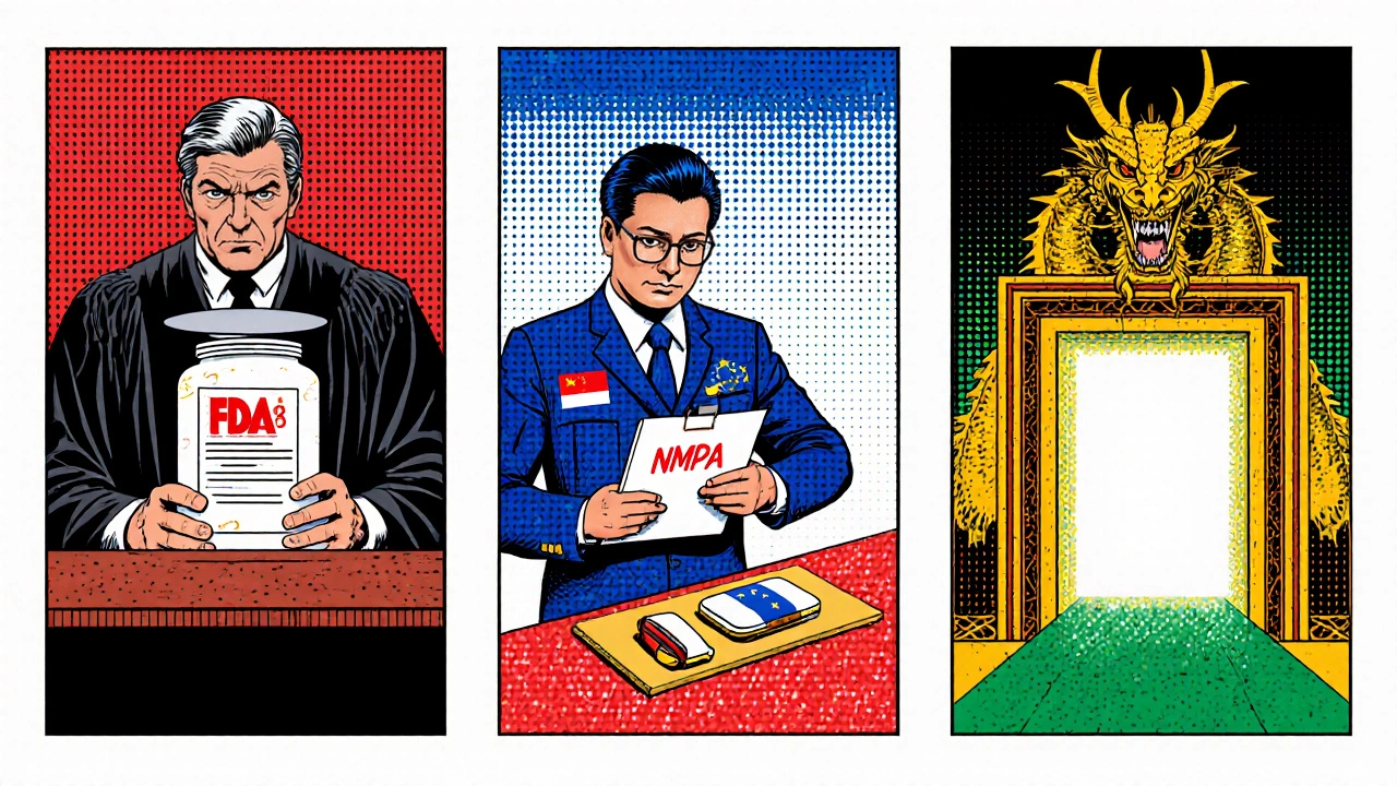 Three comic panels personify FDA, EMA, and China regulators inspecting the cream.