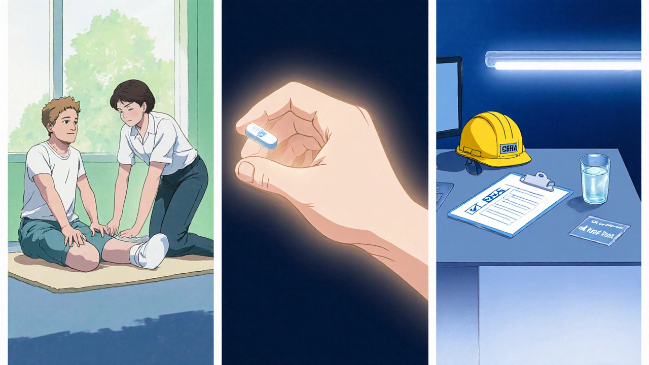 Three panels showing physical therapy stretch, a hand holding a pill, and an office desk with safety gear.