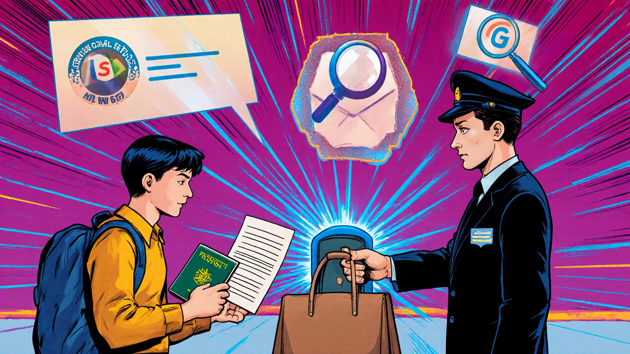 Traveler at customs with prescription copy, surrounded by update icons.