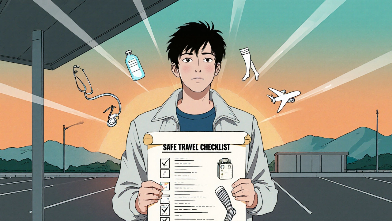 Traveler at rest area holding checklist with medical icons, looking confident.