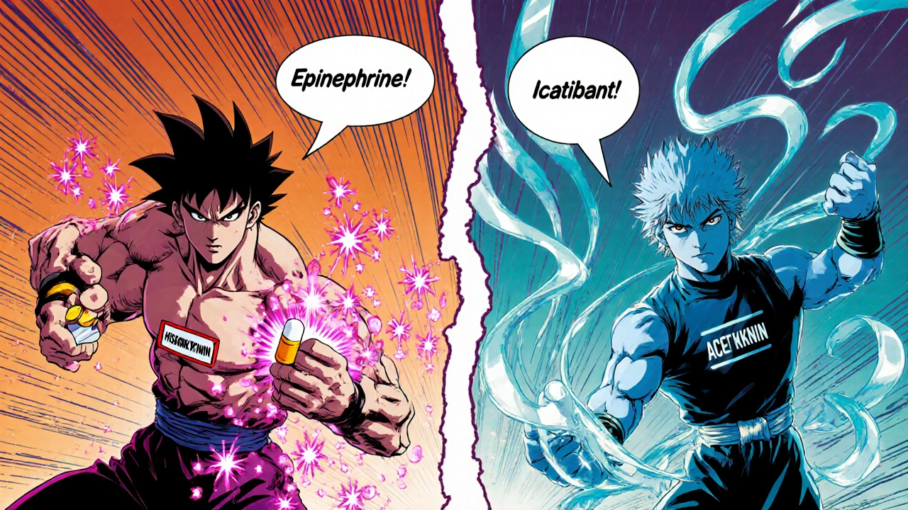 Two anime characters representing histamine and bradykinin pathways with drug icons.