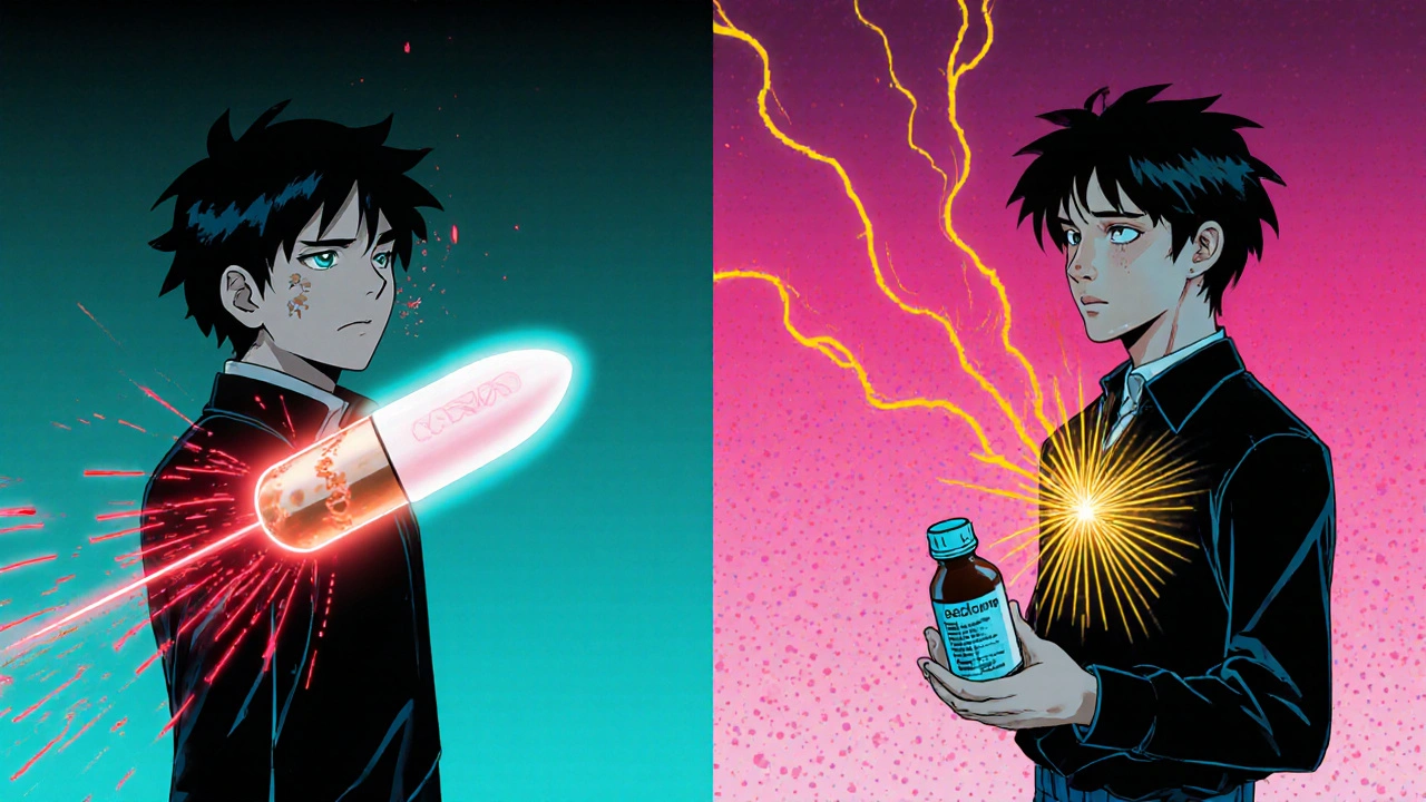 Two contrasting figures: one in panic with Xanax, another calm with SSRI, in anime style.