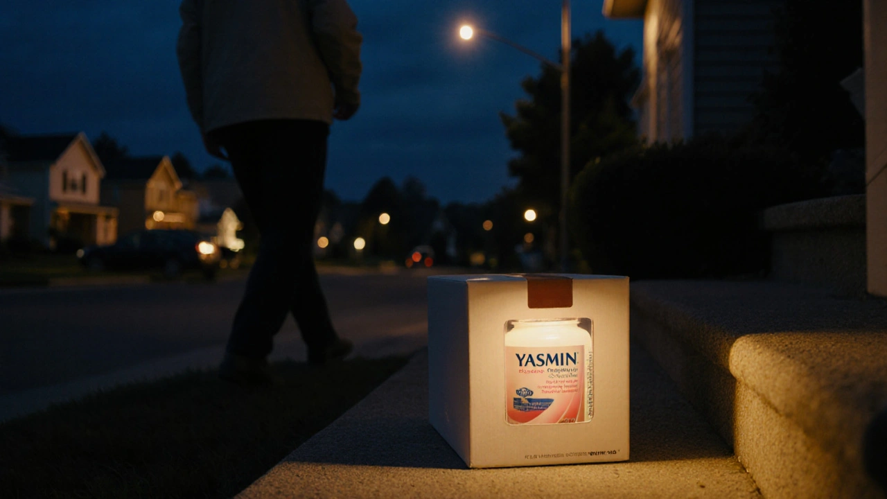 Unmarked box delivering generic Yasmin pills discreetly to a home at night.