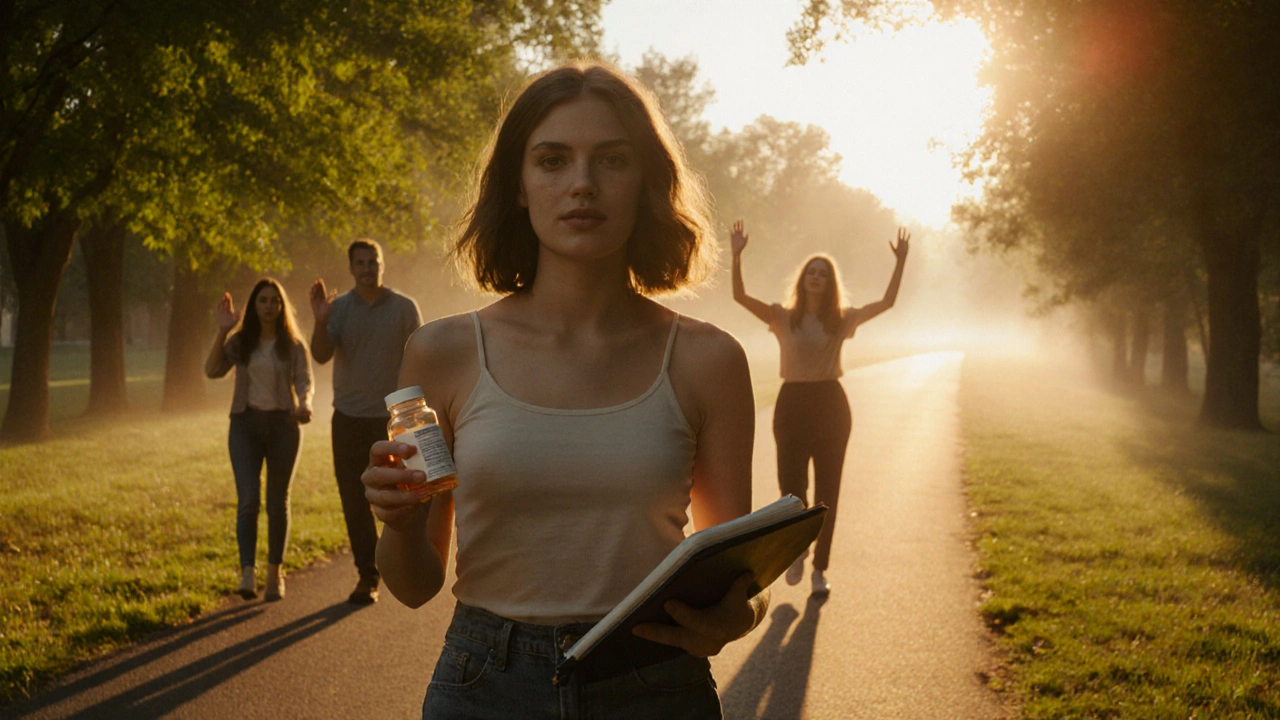 Woman walking on sunrise path holding medication bottle and journal, friends behind.