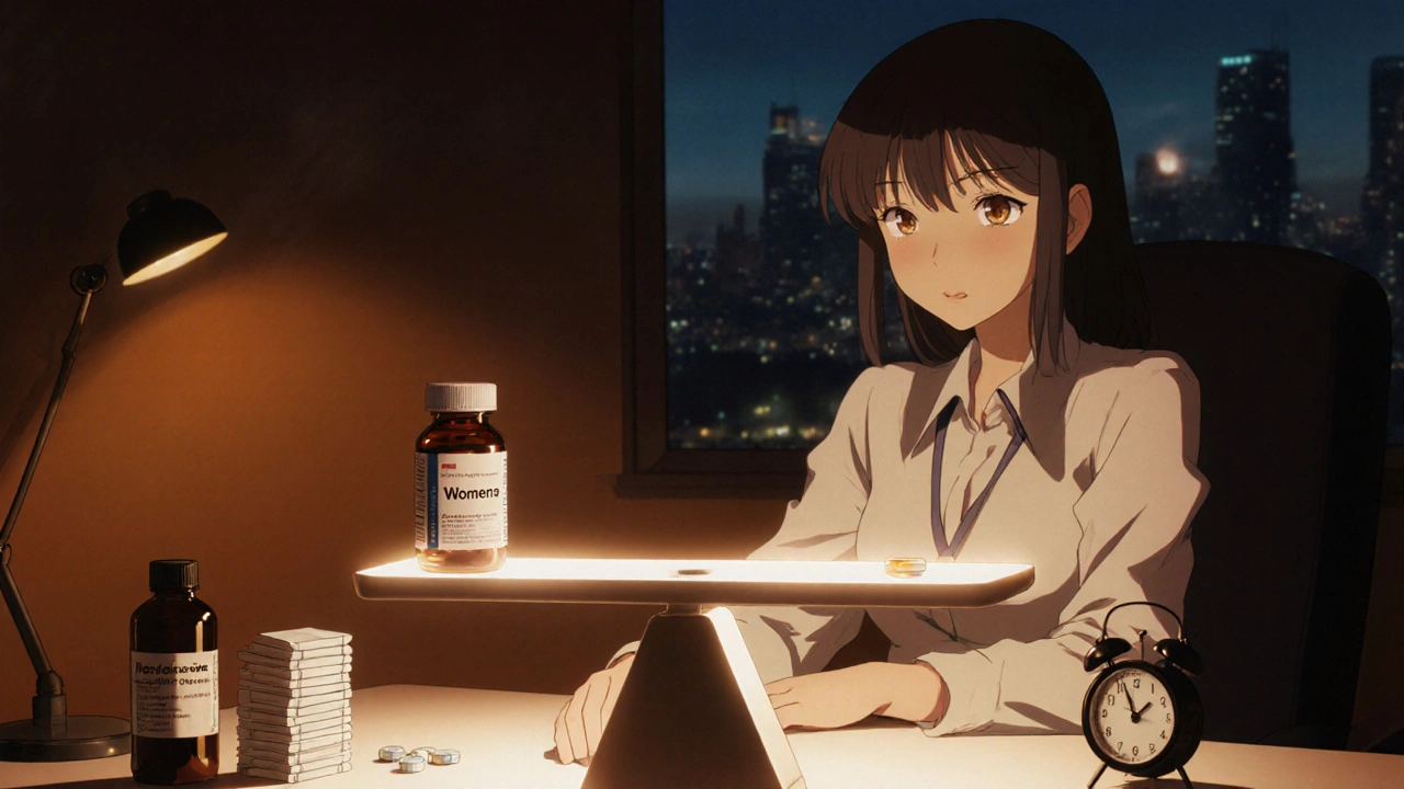 Woman weighing Womenra against other options with a clock and scale.