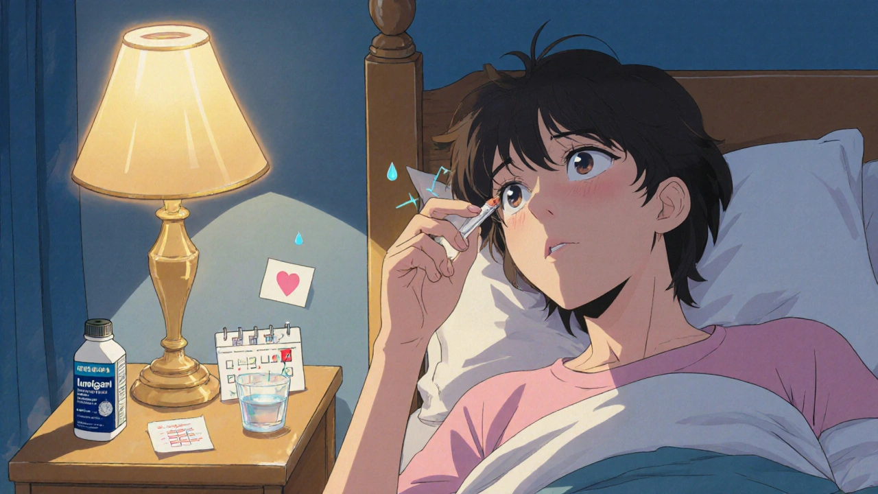 Young adult applying eye drops at night with a calendar reminder.