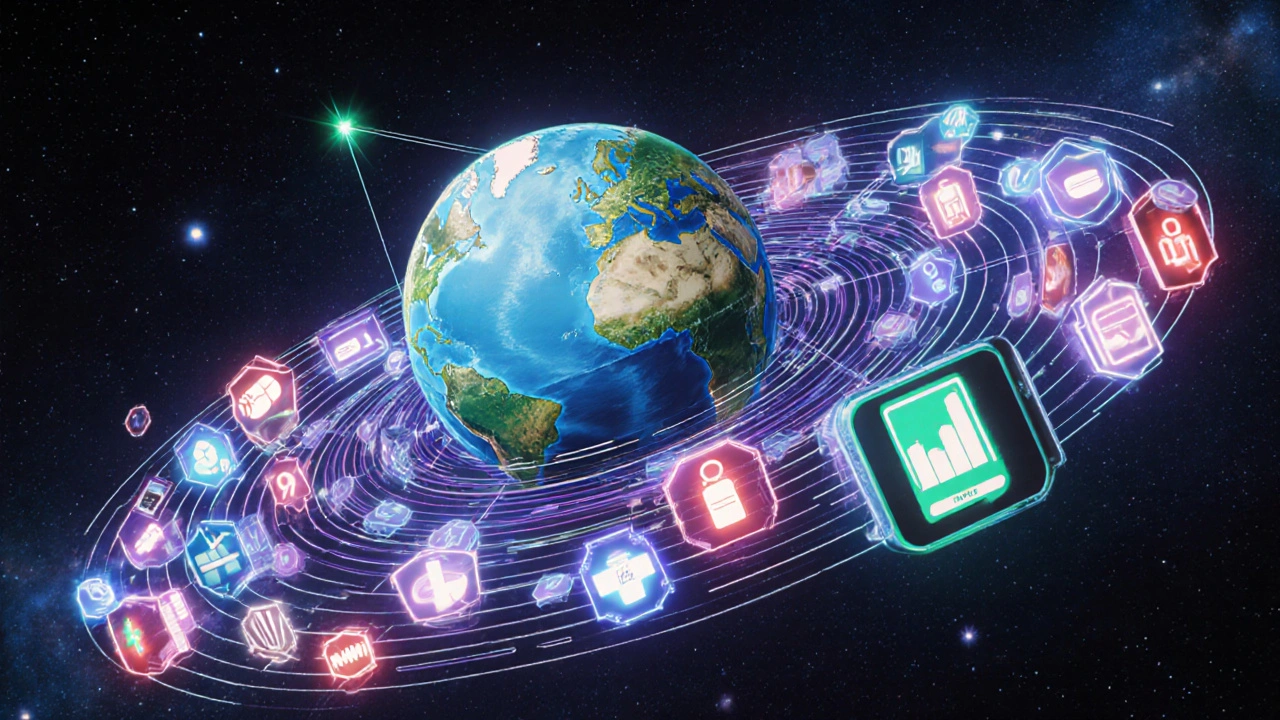 A cosmic dashboard showing 78 REMS drugs orbiting Earth, with some fading away as digital monitoring systems replace outdated methods.
